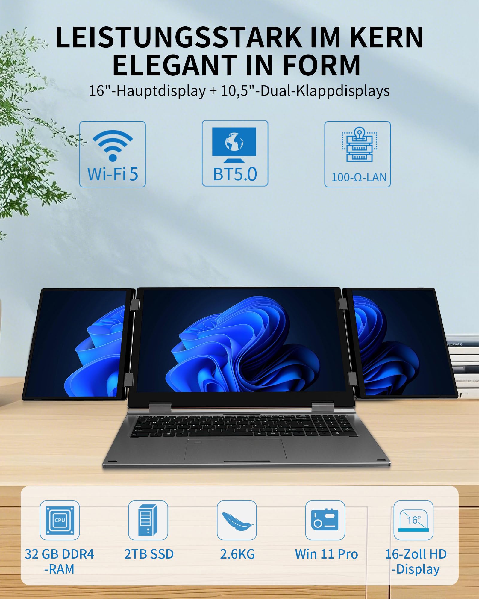KOOFORWAY Laptop mit 3 Bildschirmen,16" Hauptdisplay+2x10,5",Core i7-1270P