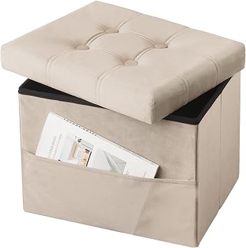 Storage Ottoman Foot Stool, 17 inches Folding Ottoman with Storages, Velvet Storage Bench with Side Pocket, Foot Rest for Living Room, Bedroom Milky Tea Color