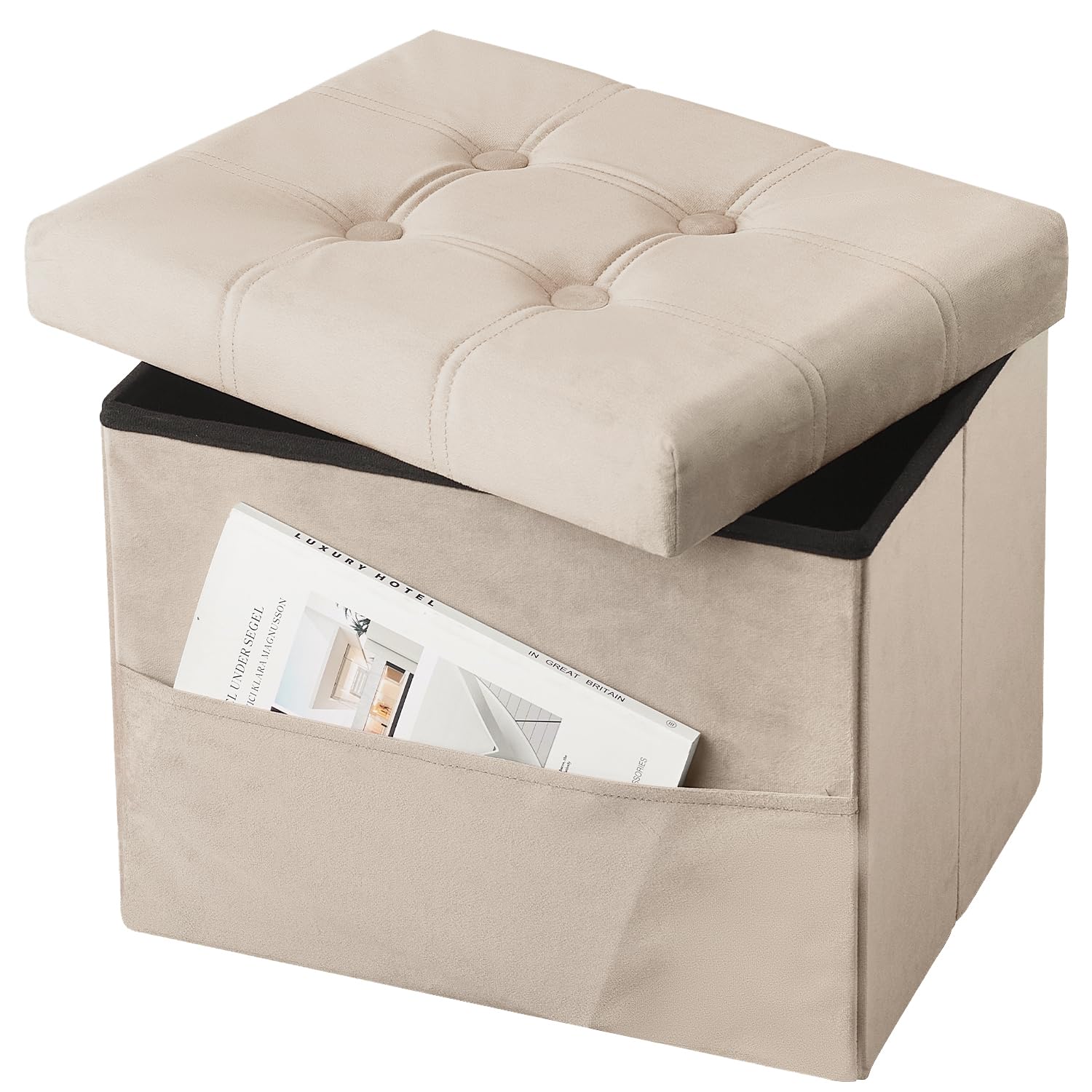 VewePata Storage Ottoman Foot Stool, 17 inches Folding Ottoman with Storages, Velvet Storage Bench with Side Pocket, Foot Rest for Living Room,