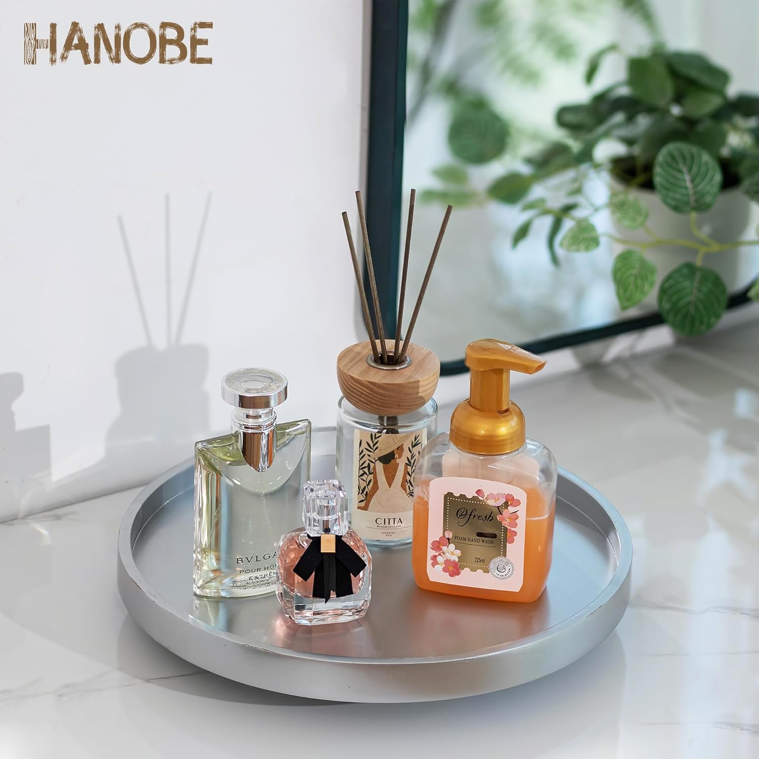 Hanobe Lazy Susan Bathroom Tray: Decorative Round Table Centerpieces 12 inch Turntable Organizer for Countertop Dining Room Kitchen Pantry Champagne Sliver