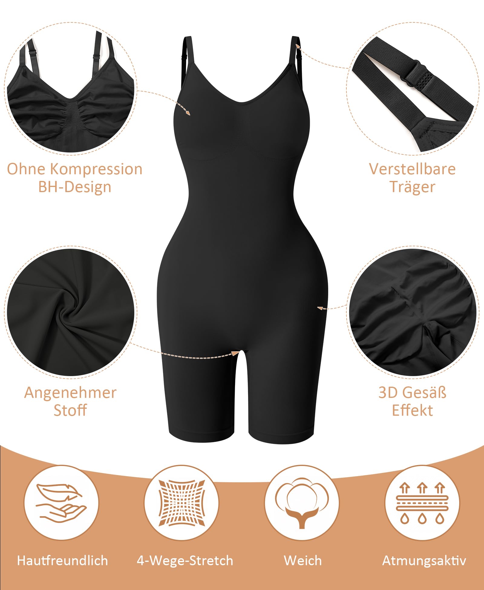 Werena Shapewear Damen Body Shaper Bauchweg Stark Formend Figurformende Bodysuit mit Bein Shaping Shorts Nahtlos Taillenformer Miederhose Unterwäsche mit Verstellbare Schultergurte