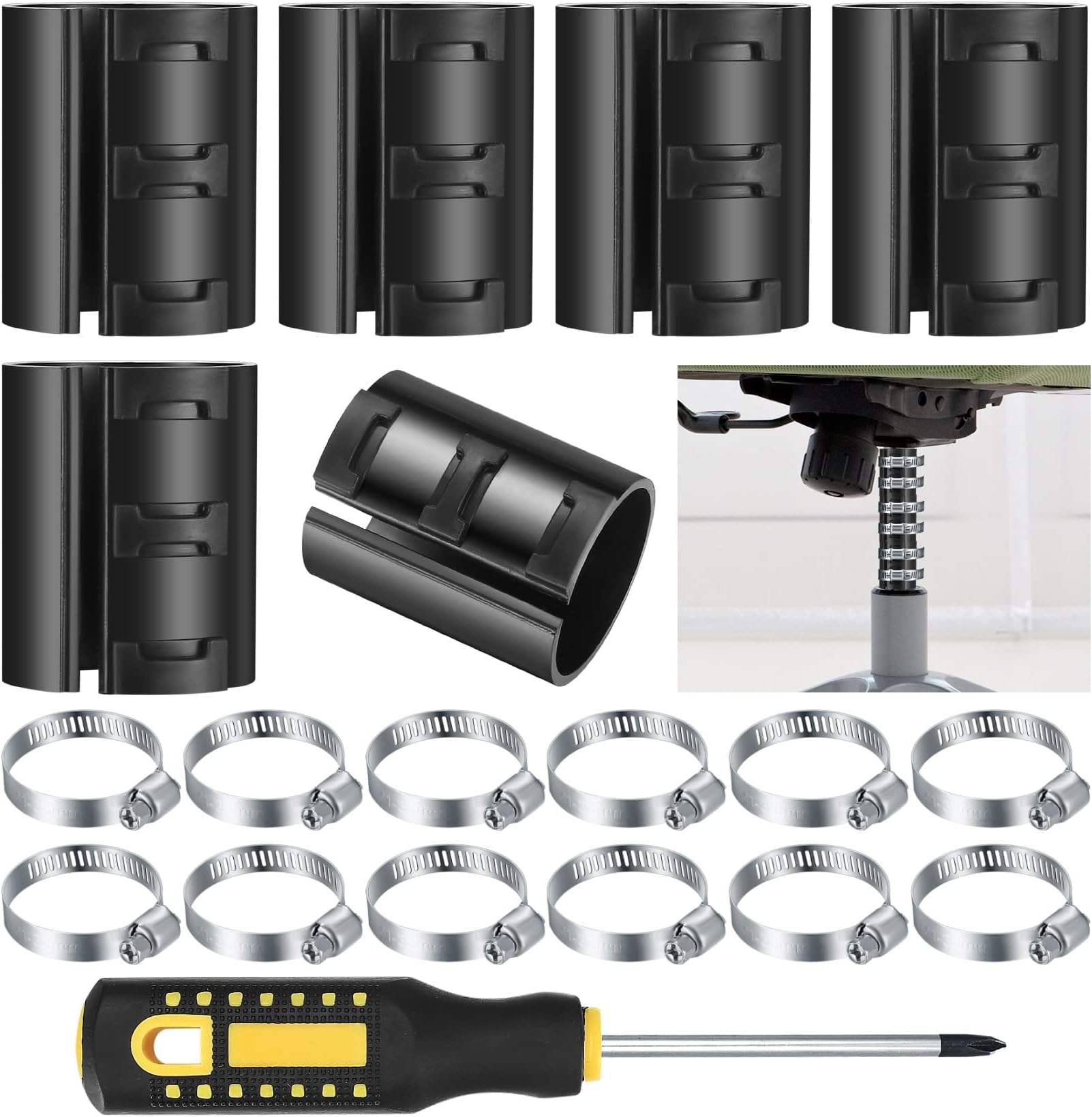19 Pcs Fixing a Sinking Office Chair Cylinder Alternatives Gas Lift Tools Kits, Office Chair Saver for Stop Sinking, with Hose Clamps, Dual-Purpose Screwdriver