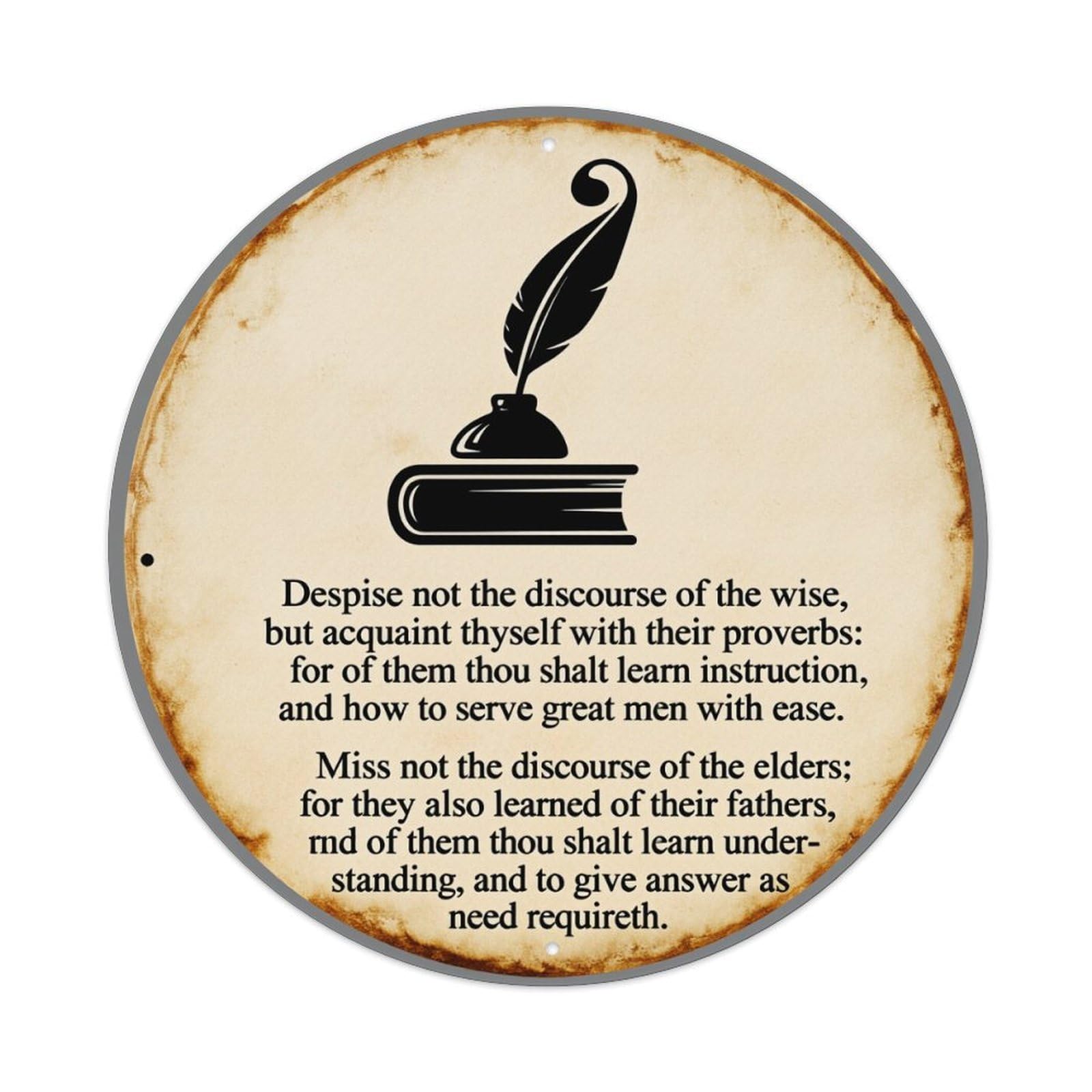 Fountain Pen Book Wisdom Proverbs Elder Round Tin Sign Vintage Style Metal Sign Home Bar Garden Wall Plaque Decor Metal Poster 8x8 Inch