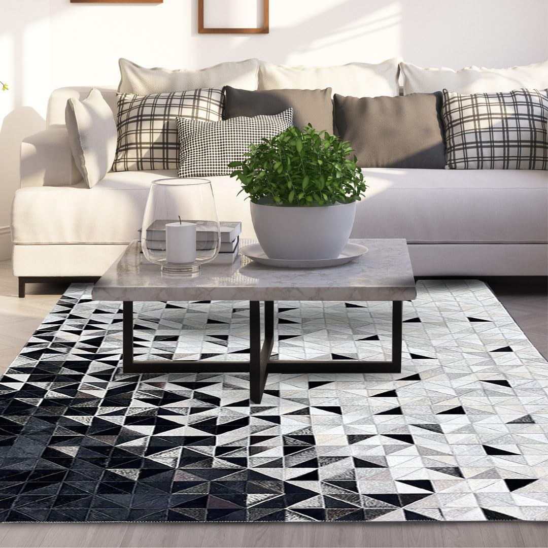 Cowhide Leather Rug, Hand Made Patchwork Area Carpet, Artisan-Hand Crafted House Carpet for Living Room, Bedroom, Entryway, Color: Grey and Silver, Size: 6X9 ft