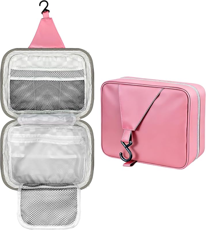 Necessaire suspensa de viagem surebaby, organizador rosa com 3 compartimentos, gancho e zíper