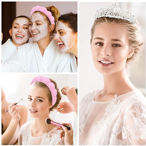 Miniatura 2 de CIEHER Diadema de esponja para lavar la cara, corona de cristal con un vestido o peinado para fiestas, diadema de spa para mujeres, diadema de