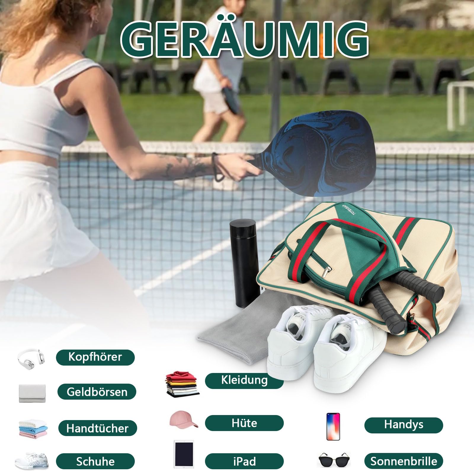 Pickleball Bags for Women, Pickleball Bag Tote with Front Pocket Fits 2 Paddles, Cute Pickleball Paddle Bag with Fence Hook & Shoulder Strap, Pickleball Gifts Accessories for Women Ladies