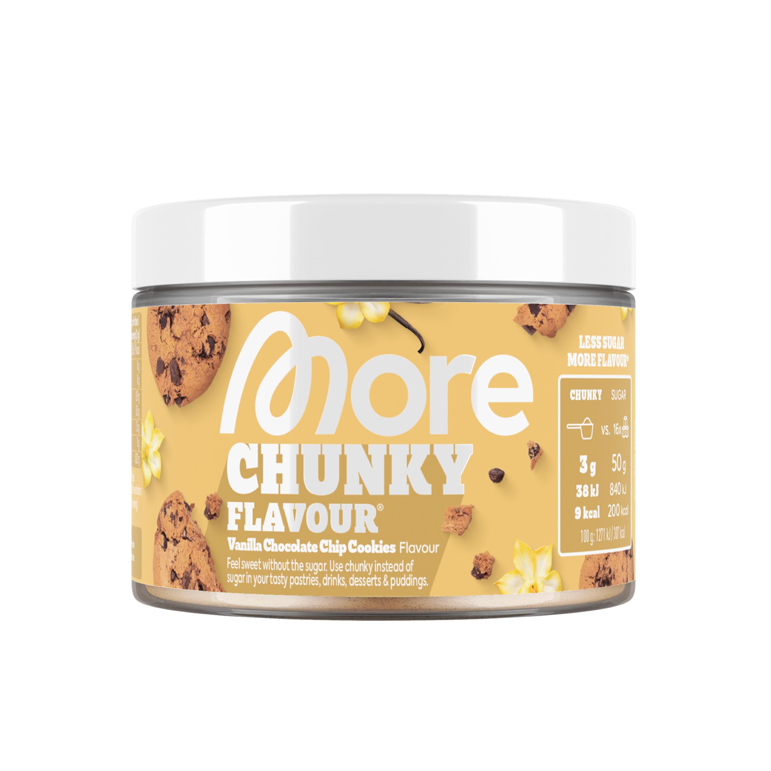 MORE Chunky Flavour, Vanilla Chocolate Chip Cookies, 150 g, flavour powder for sweetening, low in sugar and calories, with inulin and lactase â€“ made in Germany