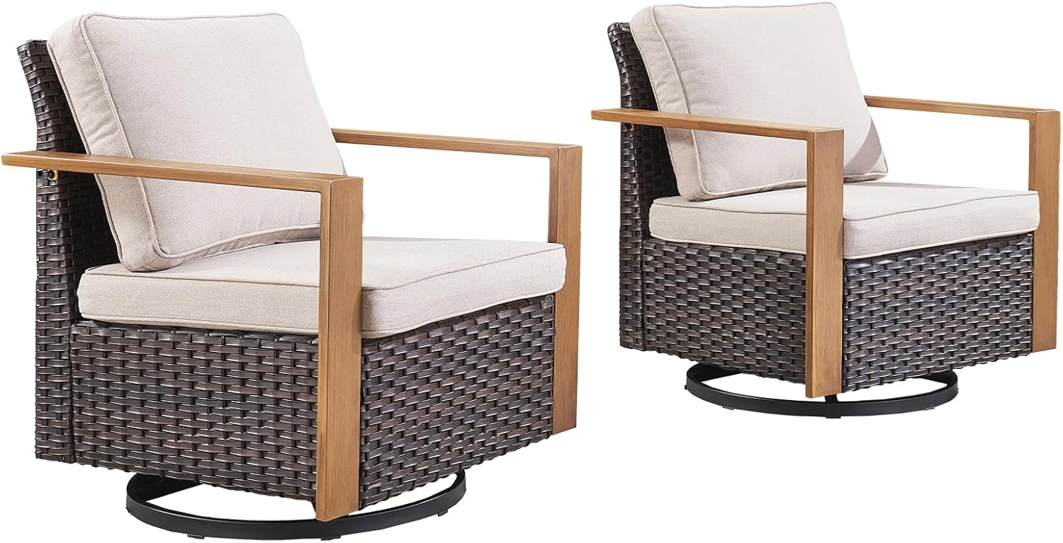 HUMMUH Outdoor Swivel Rocker Patio Chairs Set of 2-All Weather Wicker Swivel Rocking Outdoor Chairs for Deck Porch Poolside Balcony-Brown/Beige