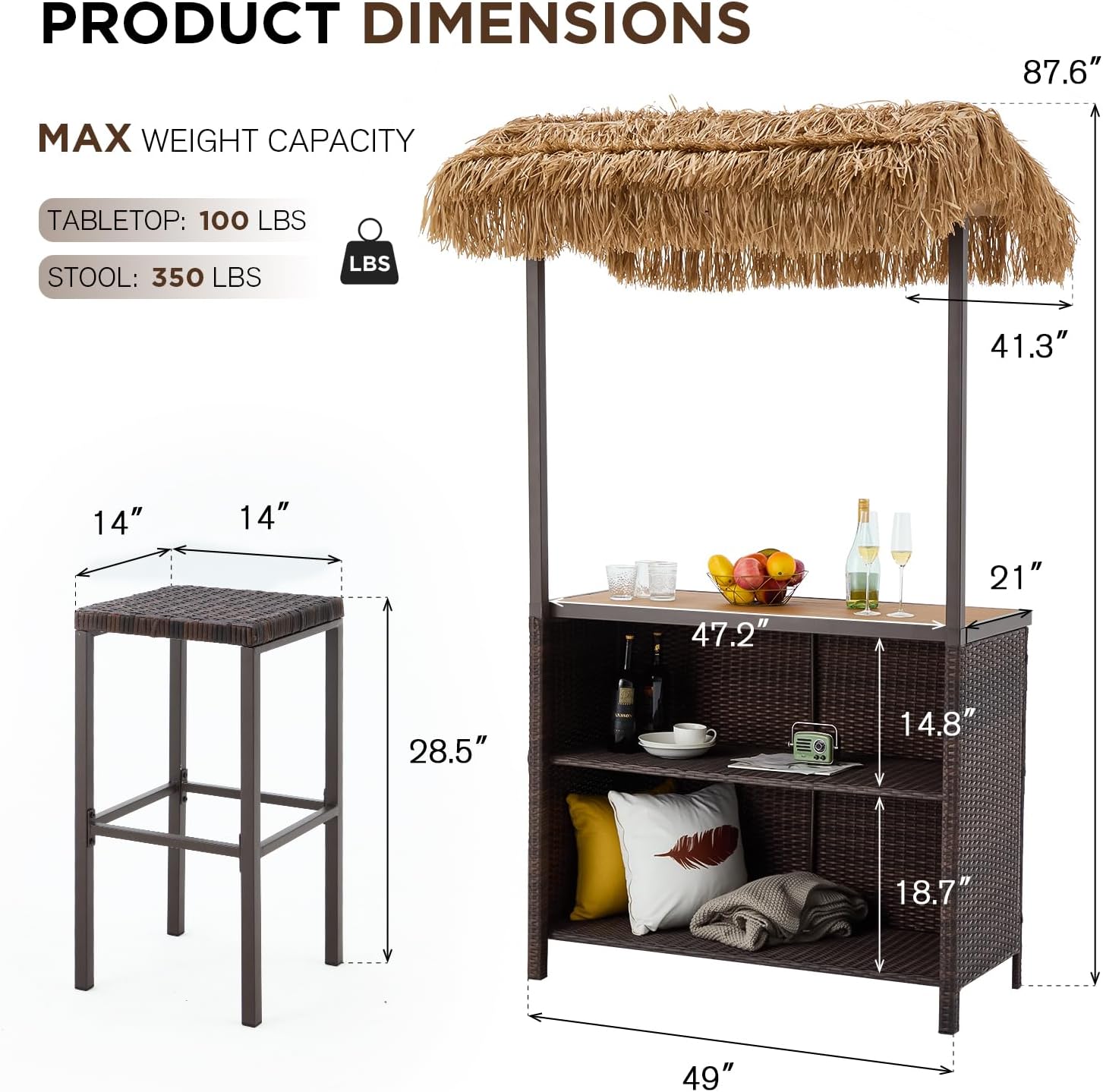 Patio Bar Bay Isle Home™ Outdoor Tiki Bar Set, Wicker W/2 Stools