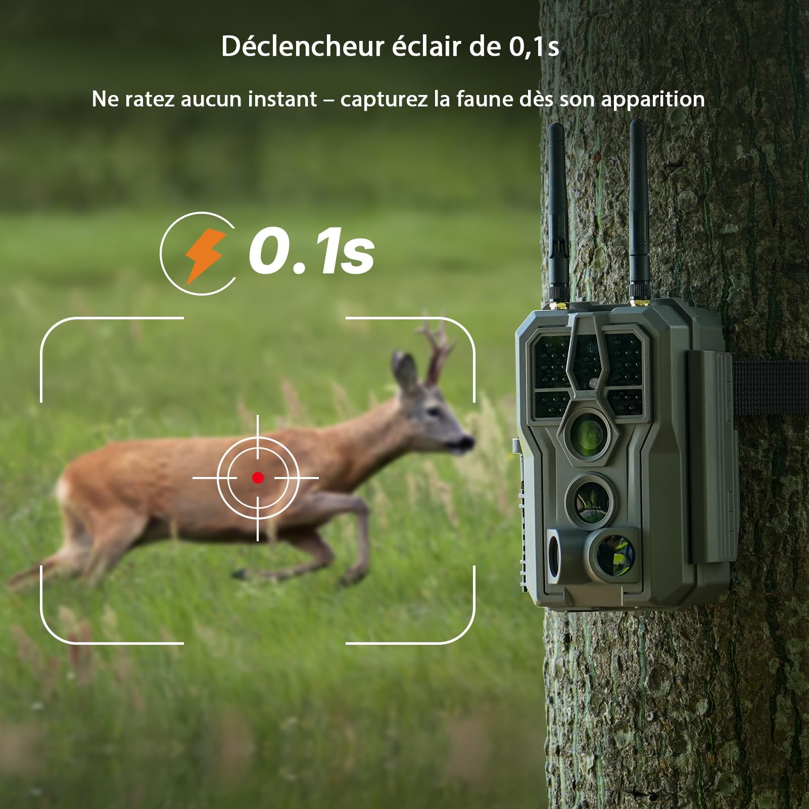 GardePro E8 2.0 Caméra De Chasse Double Antenne WiFi avec Carte SD 64Go, Vidéo 4K H.264 64MP, Jusqu' 30m No Glow Infrarouge Vision Nocturne, Vitesse de Dclenchement 0,1s et Angle de Dtection 120°