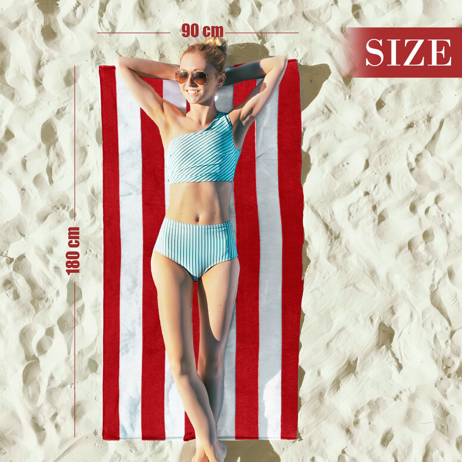4-częściowy Zestaw ręczników plażowych ze bawełny 180 x 90 cm, duży ręcznik kąpielowy z wzorem w paski, miękki, lekki, chłonny (granatowy/liliowy/czerwony/szary)