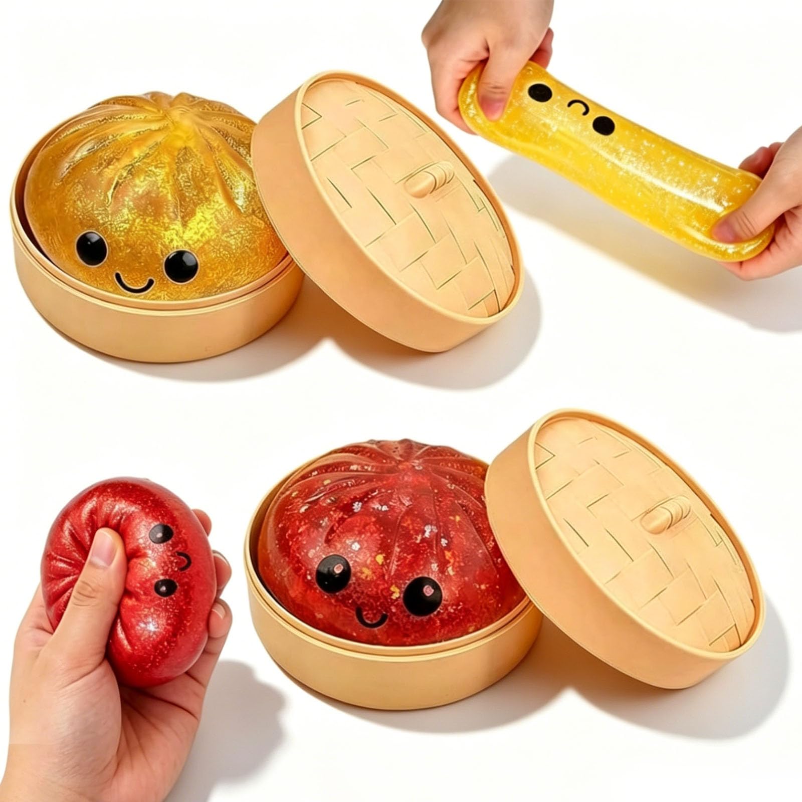 2 Pack Giant Glitter Dumpling Squishies with Steamer Cases, Colorful Shimmer Bao Bun Squeeze Sensory Fidget Balls, Novelty Food-Shaped TPR Stretchy Desk Items for Daily Use & Gifting (Gold & Red)