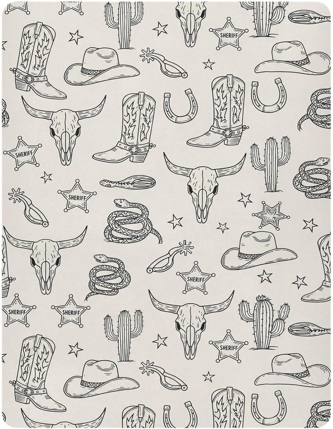 Pfrewn Crib Sheets for Boys Girls Cowboy Hat Ram Skull Cowboy Boots Cactus Fitted Crib Sheet for Mini Crib Mattress Stretch Soft Toddler Baby Playard Sheet, 39x27x5IN