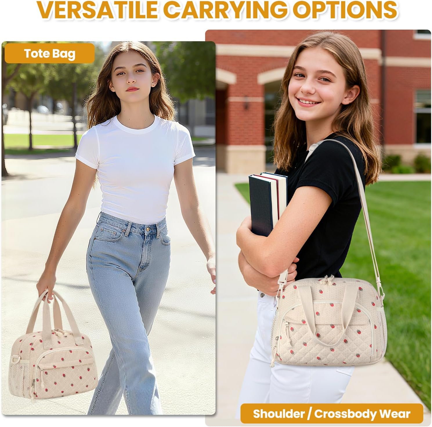 Corduroy Insulated Lunch Bag for Women Teen Girls, Portable Adult Lunch Box, Reusable Tote Cooler Bags, Lightweight Womens Lunch Bags with Front Pockets Work Picnic Travel, Beige Strawberry - Image 2