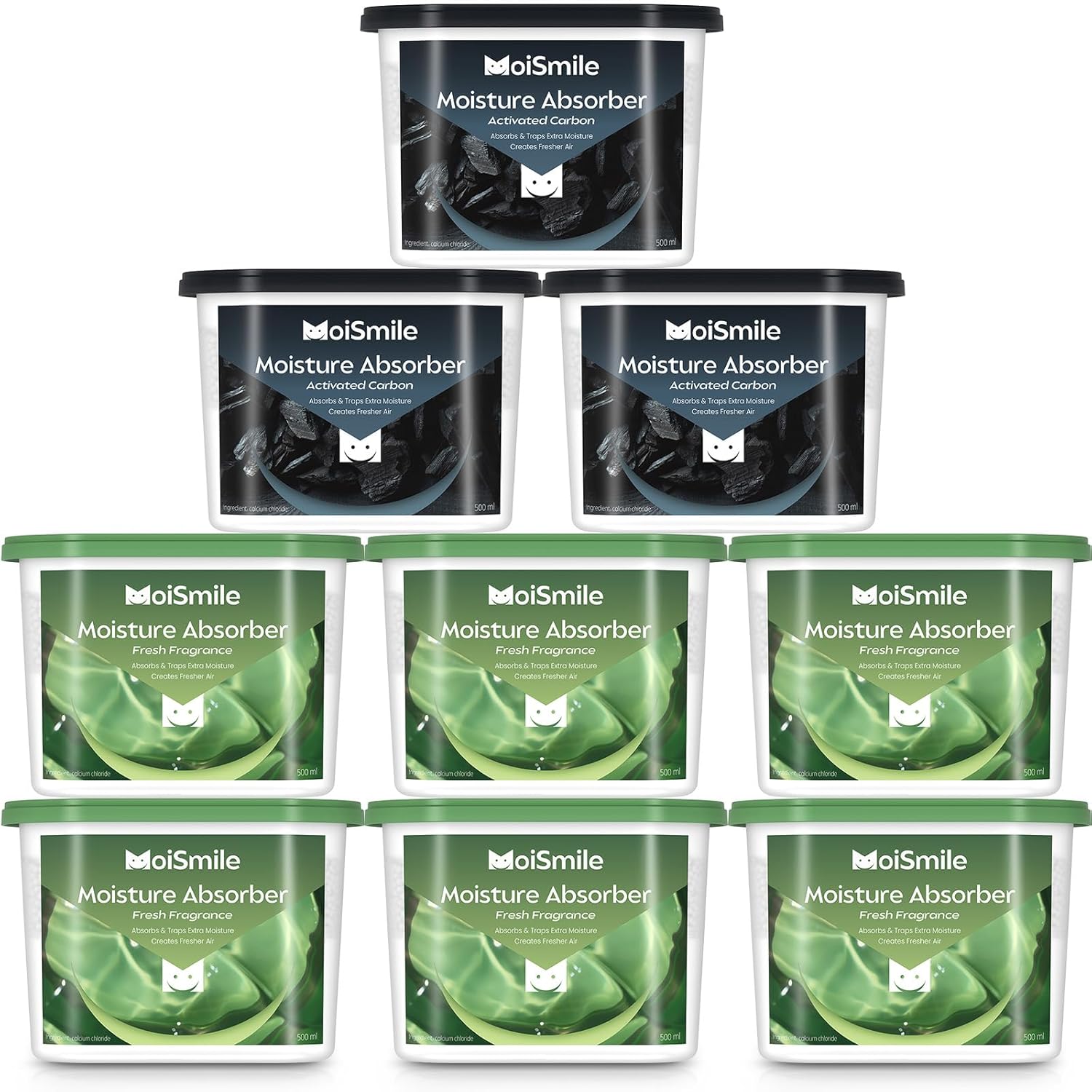 Moismlie Moisture Absorbers 9 Pack Bundle – Activated Carbon & Fresh Closet Dehumidifiers, 10.5 oz Refillable Boxes for Car, Bathroom & Basement