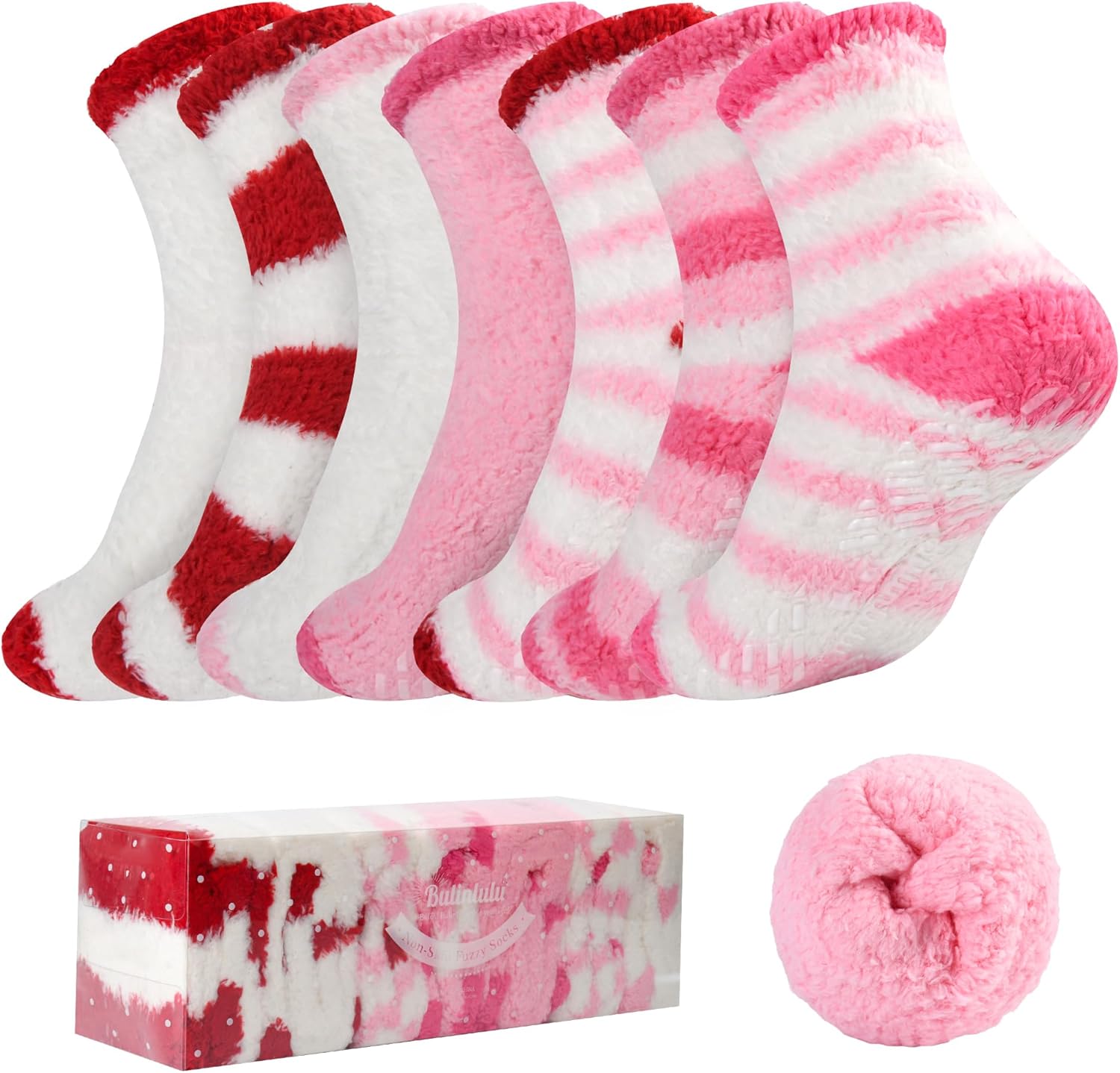 Bulinlulu Fuzzy Socks with Grips Plush Sleep Cozy Winter Soft Hospital Fluffy Socks for Womens Mens Valentine's Day Gifts