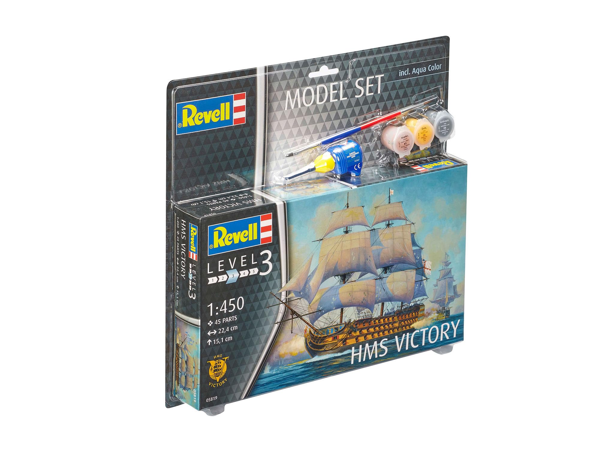 Revell Model Set 65819 HMS Victory 1:450 Scale Unbuilt/Unpainted Plastic Model Kit with Contacta Professional Glue, Paintbrush & Selected Aqua Color Paints