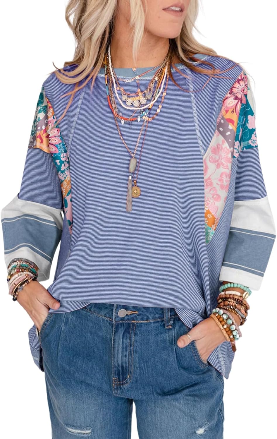 EVALESS Boho Tops for Women Dressy Casual Spring 3/4 Length Sleeve Crewneck Patchwork Striped Oversized Blouses Shirts