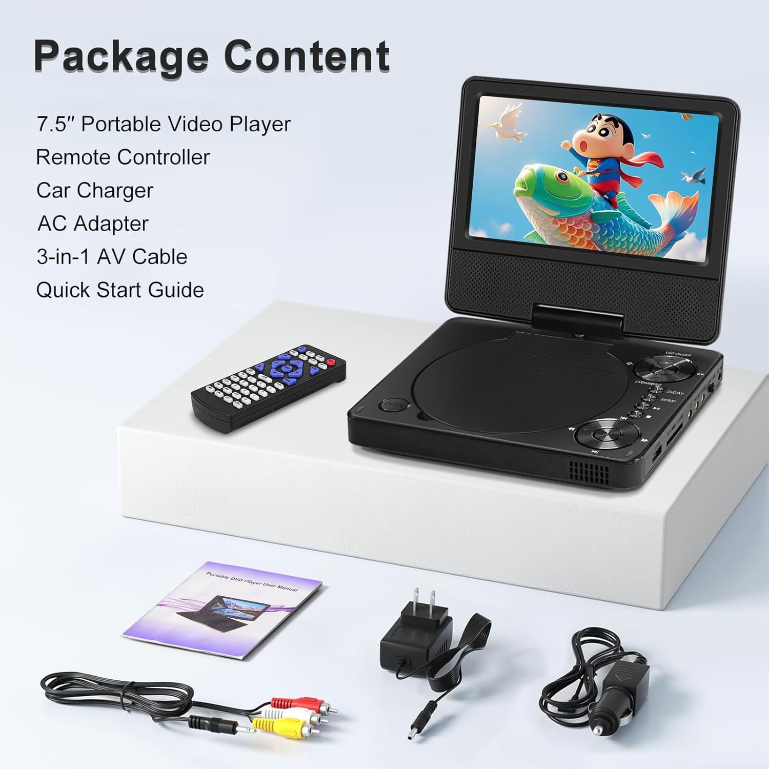 HOPYOP Lettore DVD portatile da 9,5 pollici per bambini e auto, schermo girevole da 7,5 pollici con batteria integrata da 4 a 6 ore, lettore DVD con doppi altoparlanti, supporta lo schermo di
