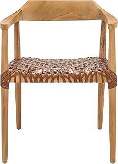 SAFAVIEH Home Collection Munro Natural Teak Wood/Light Honey Leather Wov...