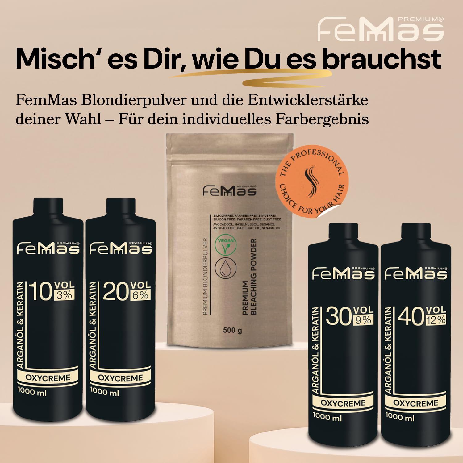 FemMas Blondierungspulver Set 500g Vegan mit Entwickler 6 Prozent 1L – Ultra Starkes & Staubfreies Hair Bleach Kit mit Nährstoffreichen Ölen für Zuhause in Salonqualität, Aufhellung um 7–9 Tonstufen