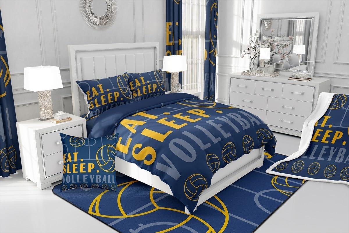 Erosebridal Volleyball Bedding Set - King Size Sports Comforter Set with 3 Pcs - Navy Blue & Yellow