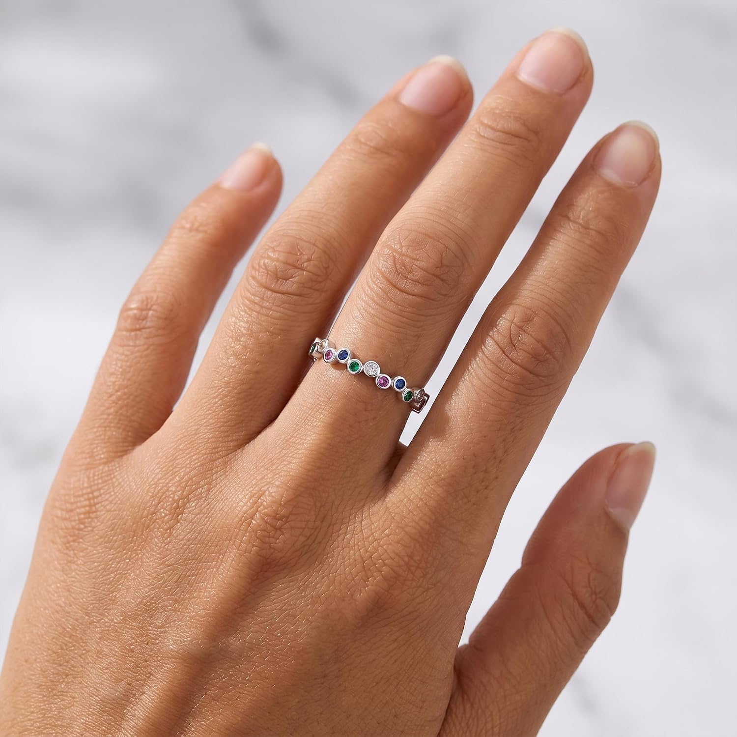 925 Sterling Silver Rainbow Birthstone Eternity Rings for Women Dainty Colorful Simulated Diamond CZ Stackable Ring Wedding Bands Ring Jewelry Christmas Birthday Gifts to Daughter