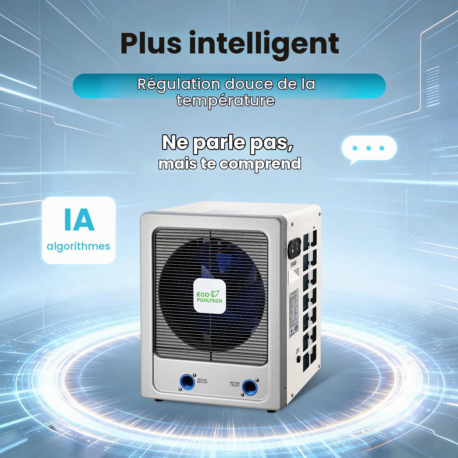 ECOPOOLTECH Pompe à chaleur inverter pour piscine 6 kW pour les piscines jusqu'à 50 m³ | Échangeur de chaleur en titane, compresseur Turbo-X et eau salée pour le chauffage des piscines compatibles.