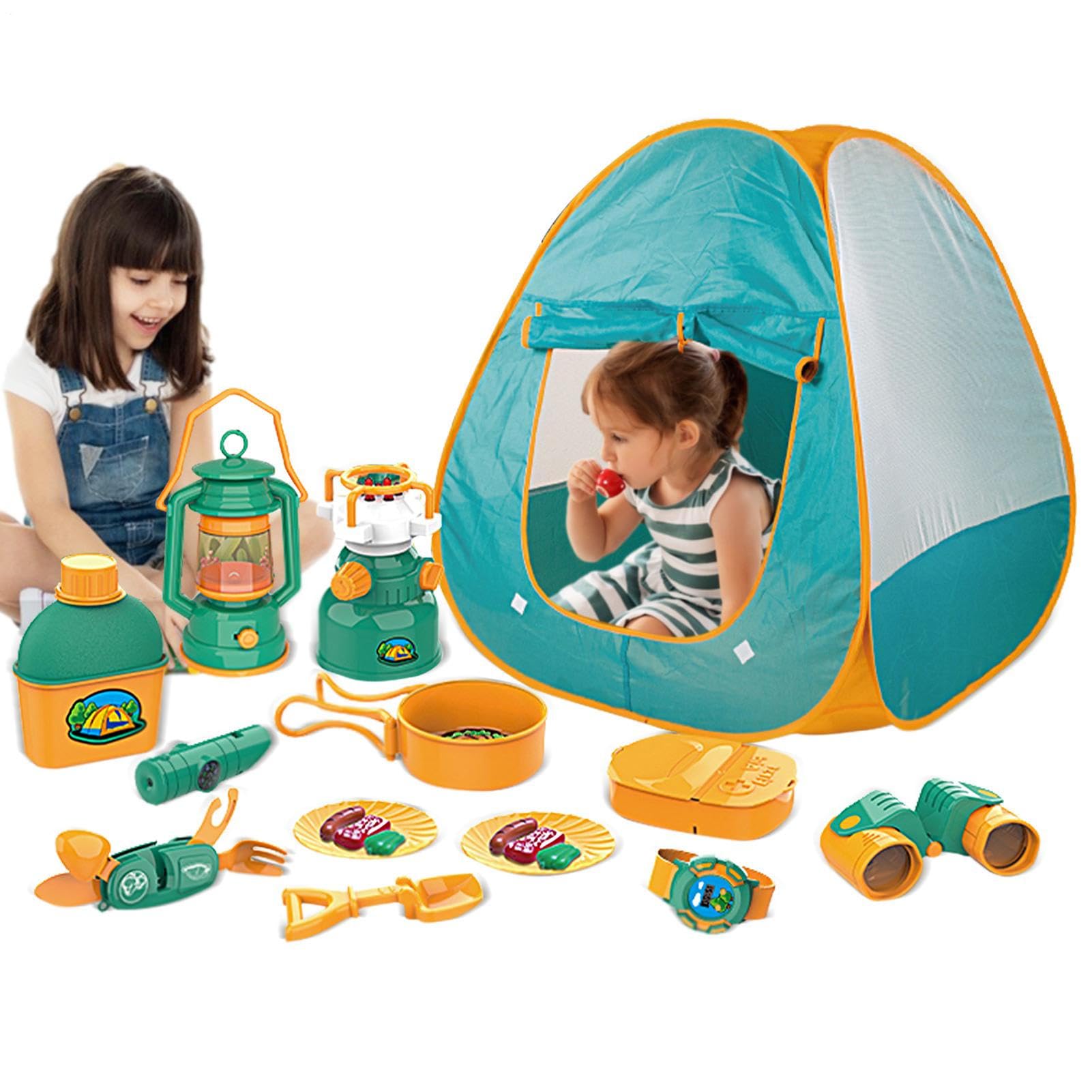 Set tenda da campeggio Giocattoli per bambini Set di 21 include tenda da, | Include tenda da campeggio per bambini, falò, lampada a olio, cibo finto per