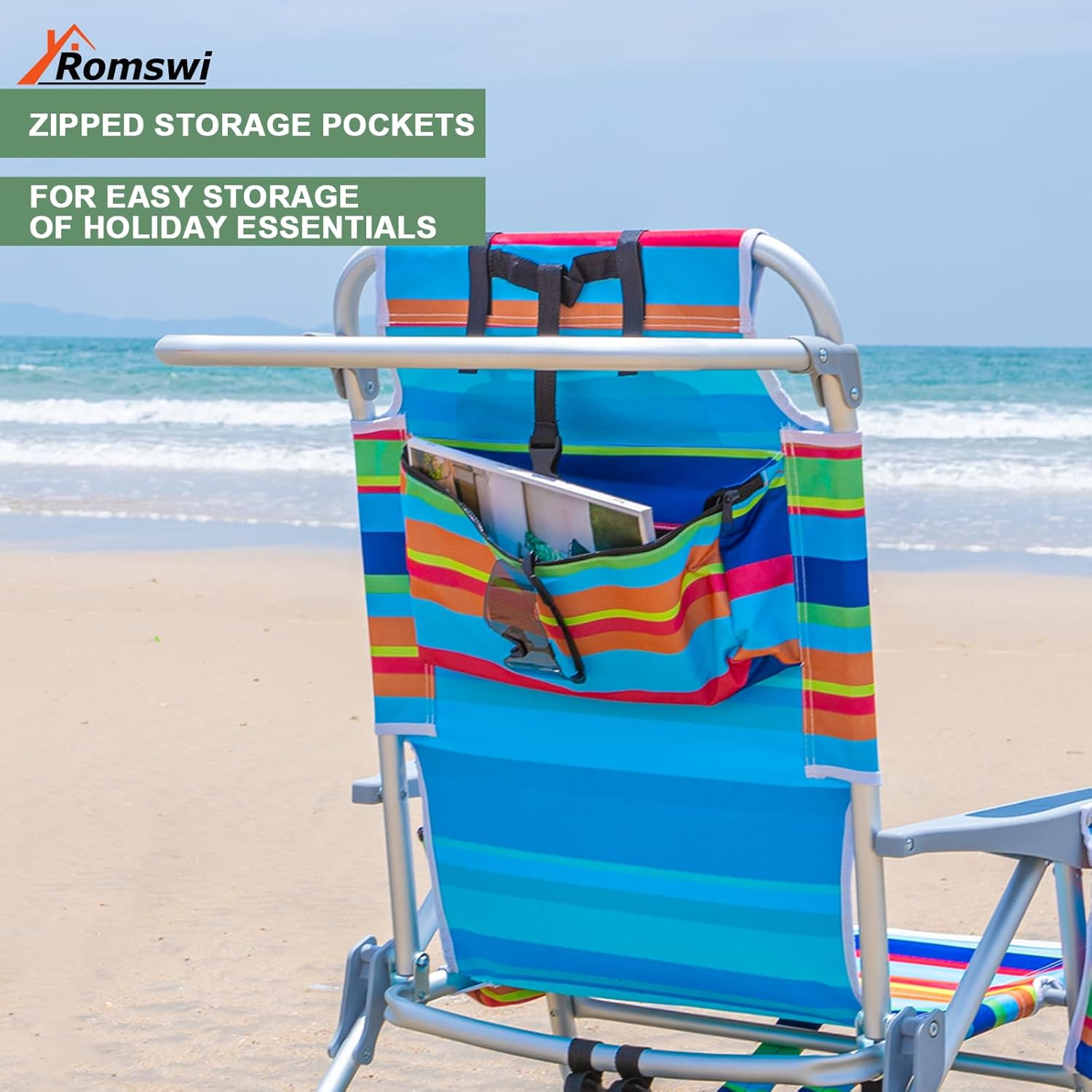 2Pk Aluminum Extra Wide 5-Position Lay Flat Folding Backpack Beach Chairs for Adults, with Cooler Bag, Cup&Phone Holder, Towel Bar for Outdoor Lawn Picnic Sport, Portable Camping Chairs, Multi Stripes