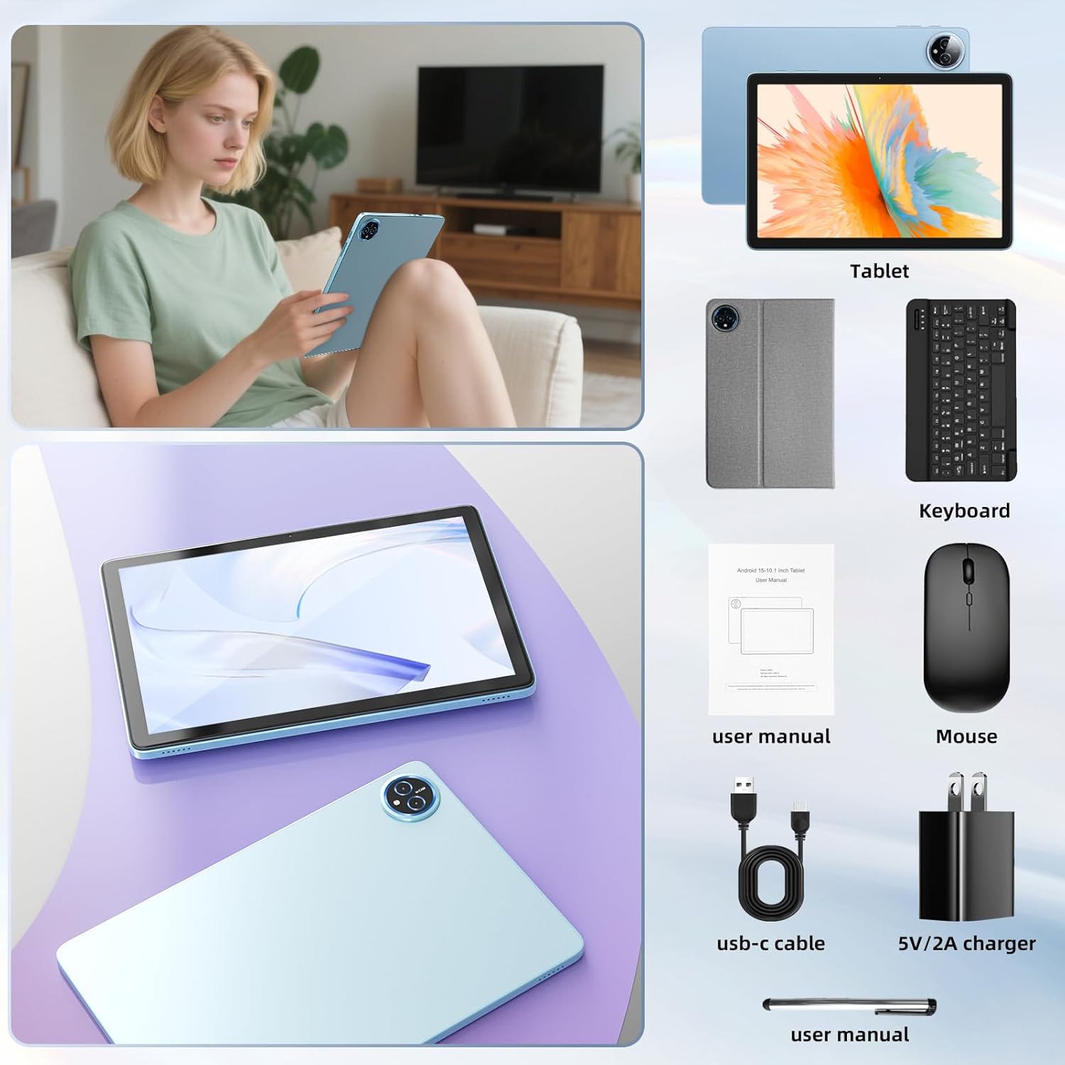 Android 15 Tablet 10 inch,24GB RAM 128 ROM,Tablets with Keyboard Mouse Stylus,1TB Expandable,Octa-Core 6000mAh 1280x800 IPS HD,5G WiFi,T615 CPU,High Performance,Processor,Dual Camera(Blue) - Image 7