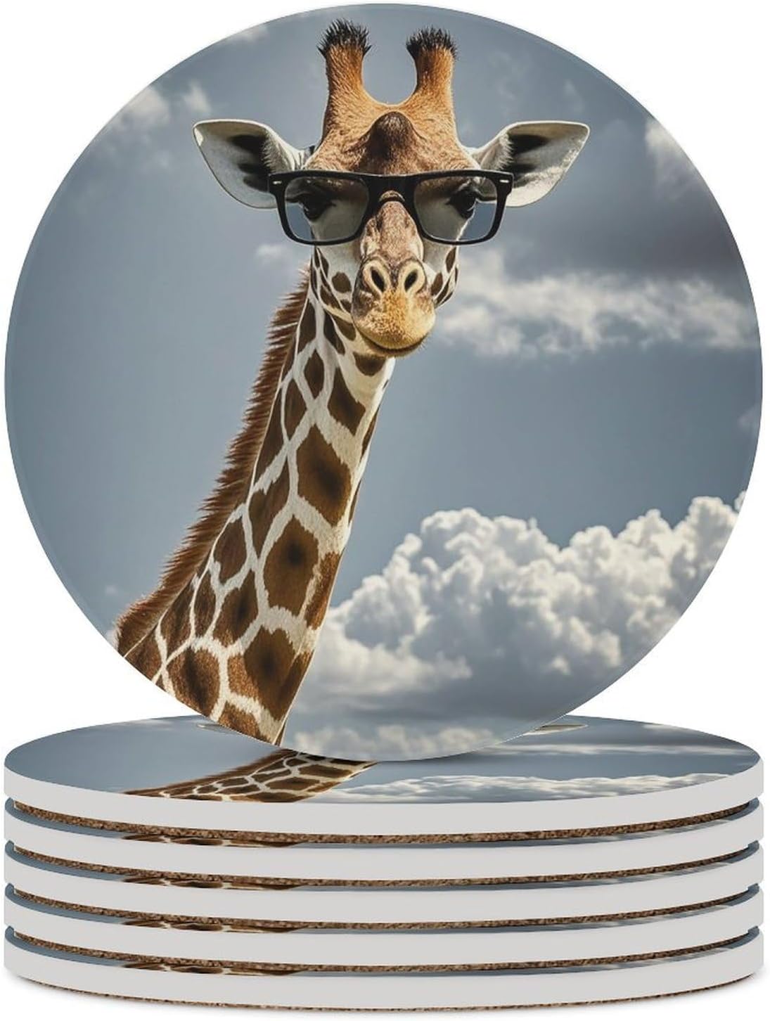 6PCS Giraffe Wearing Sunglasses Coasters Non-Slip Round Drink Coasters with Ceramic Stone and Cork Base, Heat Resistant Absorbent 33.00Stone Coaster Set for Kinds of Mugs and Cups, 4 Inch
