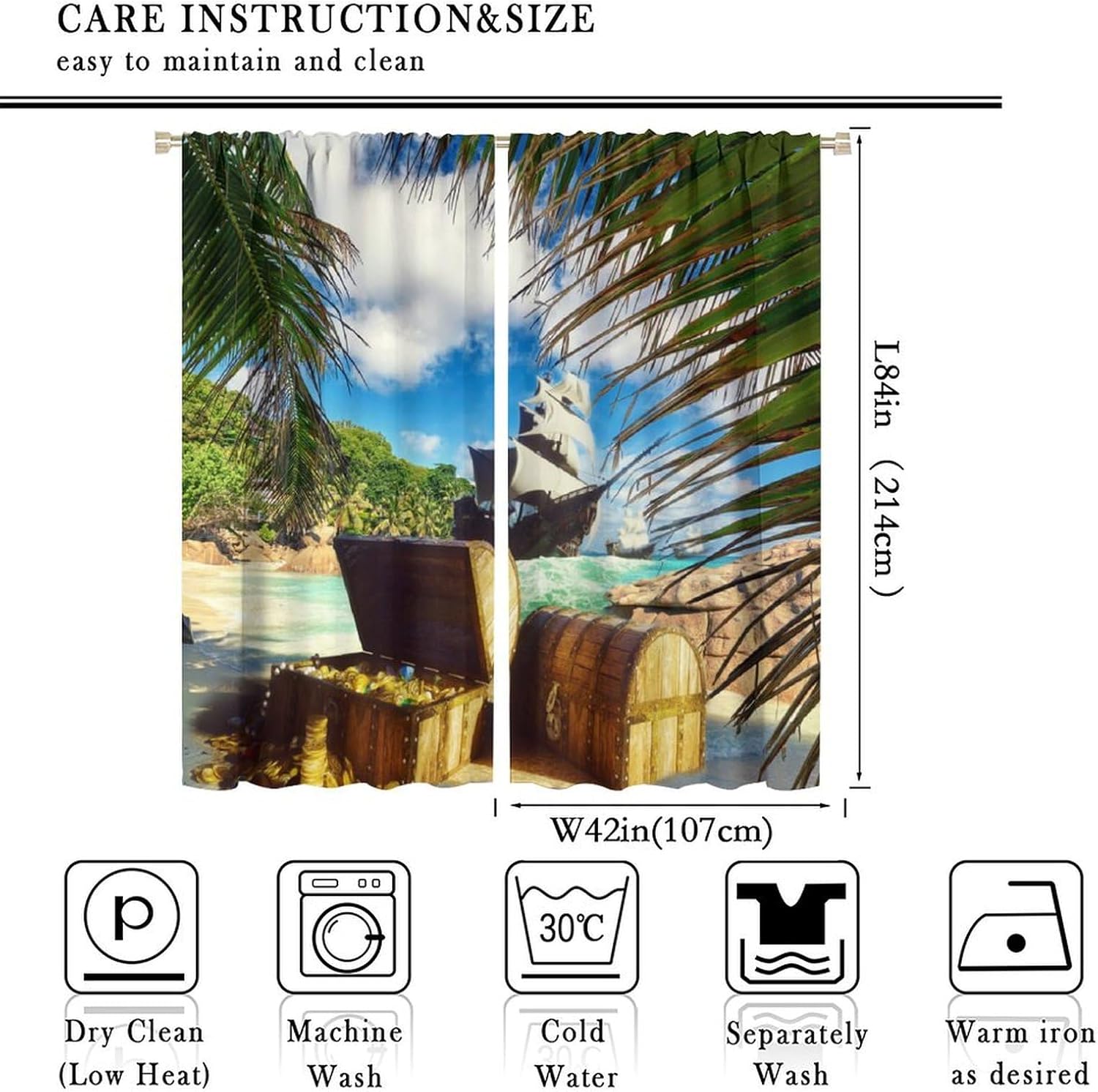 Brebasf Watercolor Pirate Ship Treasure Blackout Rod Pocket Curtains,Rustic Tropical Beach Coastal Palm Leaf Nautical Sailing Ship Thermal Insulation Room Darkening Window Drapes 2 Panels 84"L x 42"W