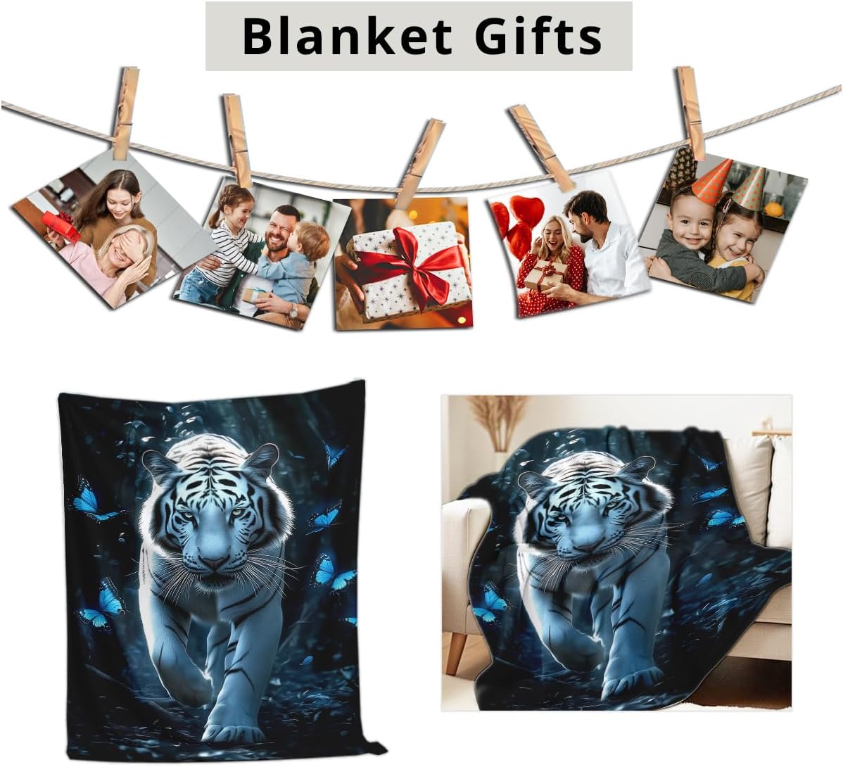 White Tiger Print Flannel Blanket - Forest Wildlife Throw for Bed Couch Decor Wild Animal Queen Size Bedding Gifts for Tiger Lovers (49"x59") - Image 5