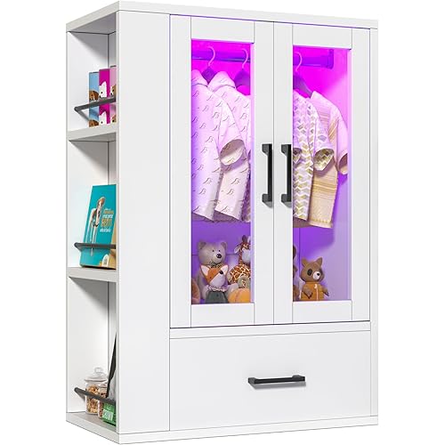 Semoic Wooden Dog Closet with LED Lights, Pet Wardrobe Organizer | Storage Cabinet for Dog & Cat Clothes, Toys, Food | Multi-Use Furniture, White