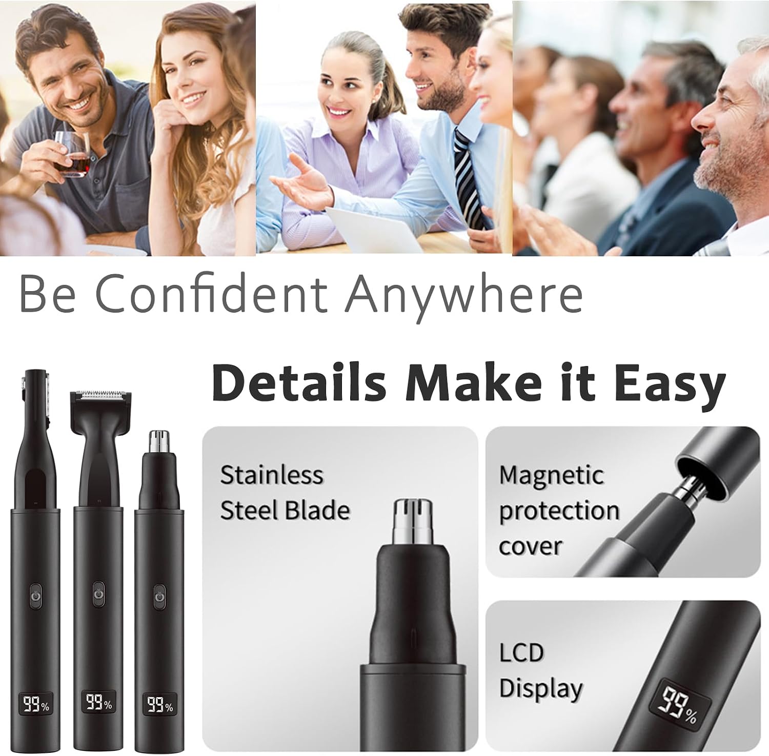 Nose and Ear Hair Trimmer for Men - Rechargeable Eyebrow Face Shaver - Nasal Hair Clippers 3 in 1 Painless Eye Brow Facial Hair Beard Razor for Sideburns Dual-edge Blades 6500 RPM Easy Cleansing