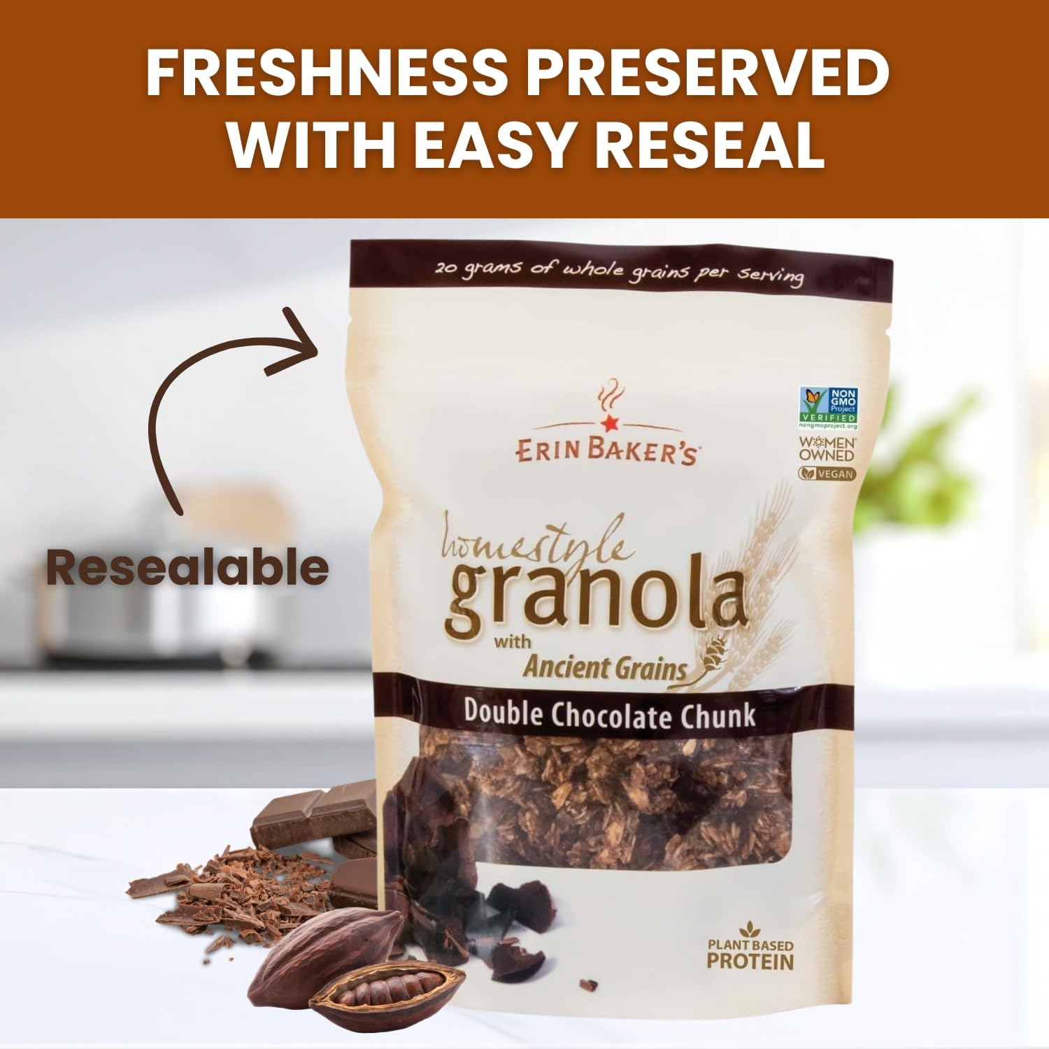 Erin Baker’s Homestyle Double Chocolate Granola with Ancient Grains - Made from Natural Ingredients, Crunchy, Versatile Snack or Cereal - Vegan Friendly, Non-GMO, Resealable 160oz Bag, 1-Pack
