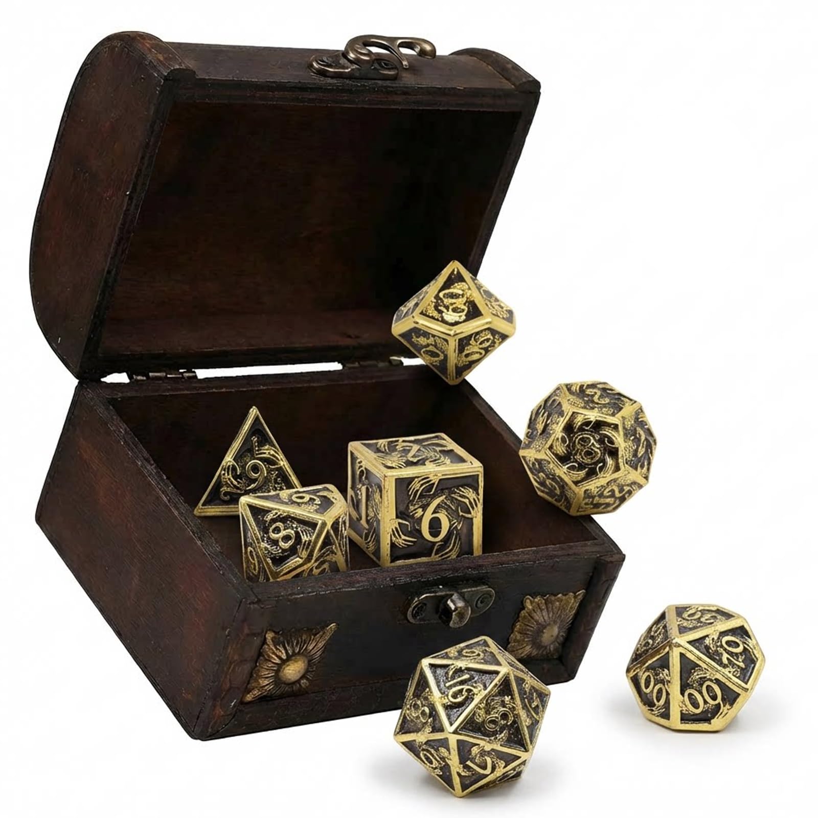 7-teiliges Set Goldener und Schwarzer Handwürfel Aus Massivem Metall in Polyederform, Geeignet für Rollenspiele, RPGs, Brettspiele und Kartenspiele.