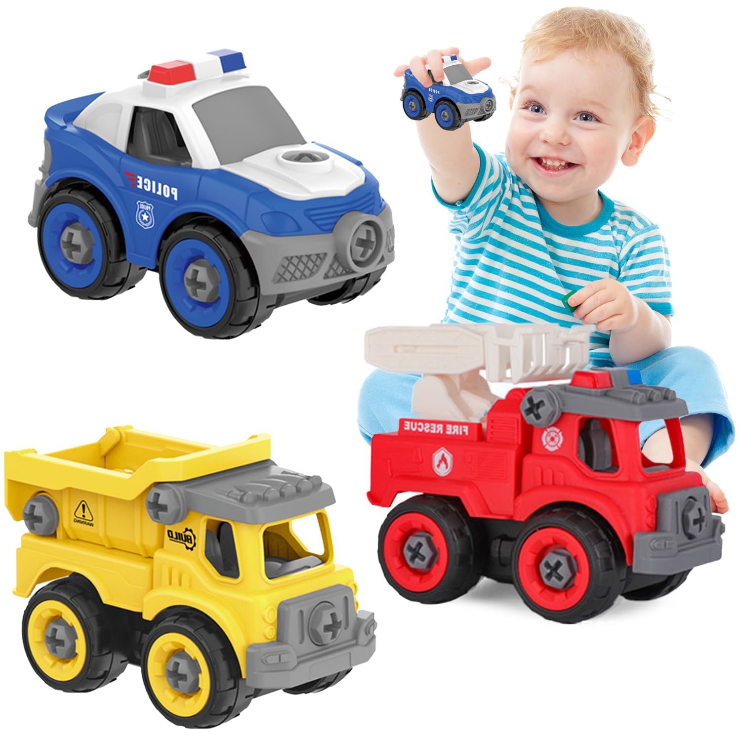 Masroo 3 in 1 Emergency Vehicle Toy Set, Detachable and Installable,Removable Police Car, Truck Engineering Vehicle,Rescue Vehicle with Fire Truck Toy