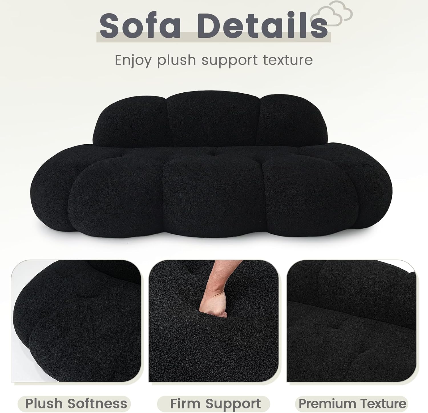WJShome 90" Modern Curved Cloud Shaped Couch for Living Room,Lazy Floor Couch, Boucle LoveSeat 3 Seater Sofa, Cozy Leisure Boneless Couches for Bedroom, Apartment-No Assembly Required (Black)