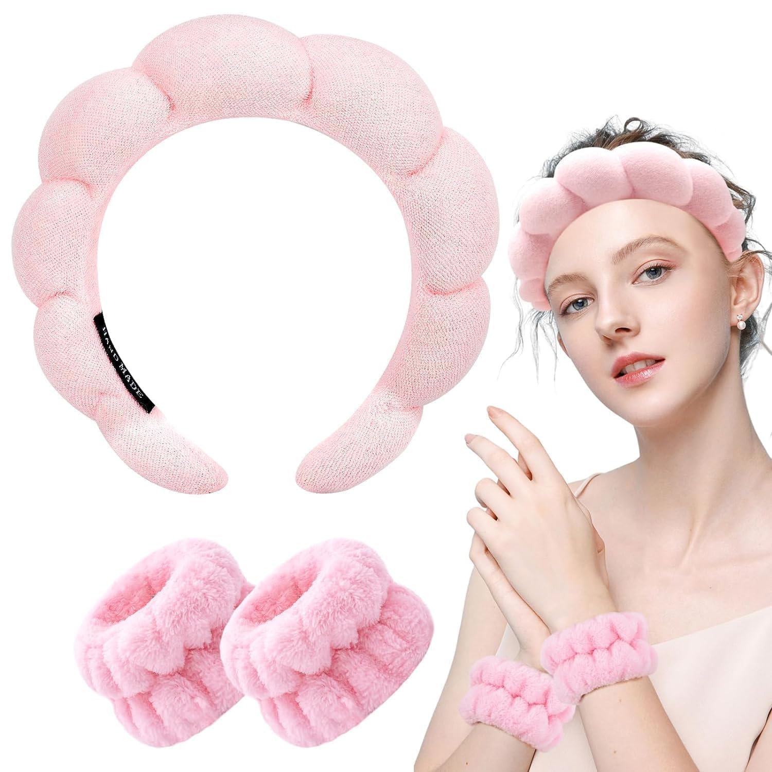 JUDEE Spa Headband and Wristband Set - Sunflower Sponge Makeup Hairband & Wrist Washbands for Women and Girls| Face Washing and Skincare Combo (Free Size-Pink)-image-7