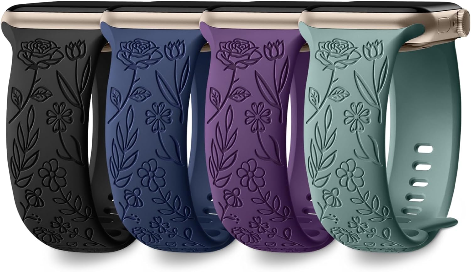 DaQin 4 Pack Floral Engraved Band Compatible with Apple Watch Band 38mm 40mm 41mm 42mm 44mm 45mm 46mm 49mm Women,Soft Silicone Cute Flower Pattern Sport Strap for iWatch Series 10 9 8 7 6 5 4 3 2 1 SE