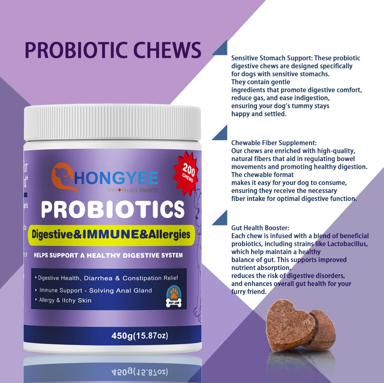 Probiotici & Enzimi Snacks 200 Pezzi, Con Papaya, Zucca, Krill oi, Per Cani, Salute intestinale dei gatti, Nessun Odore, Costipazione, Diarrea, Glanda anale, Digestione, Veterinario Approvato -450g