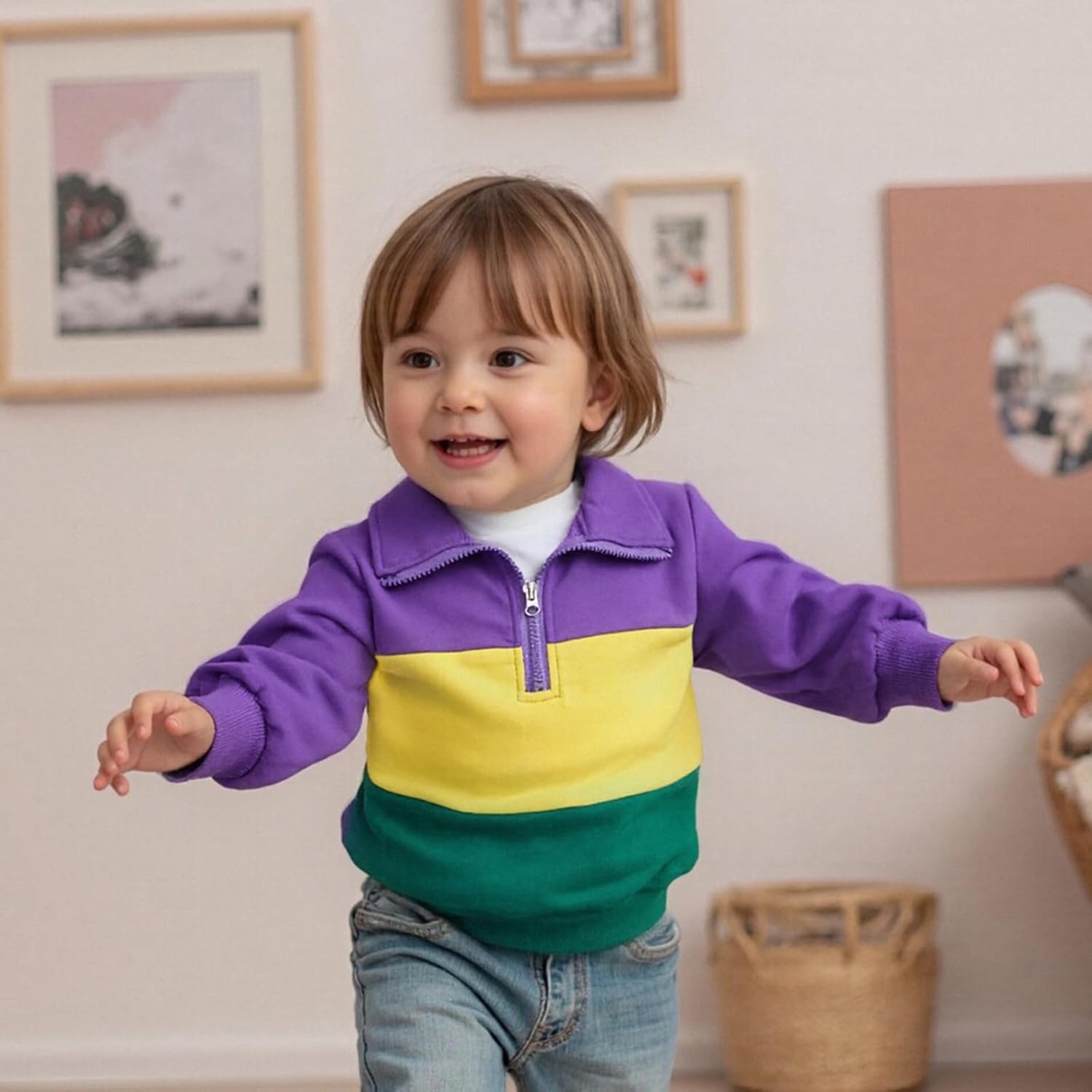 Toddler Baby Boy Girl Mardi Gras Outfit Long Sleeve Purple Yellow Green Pullover Quarter Zip Sweatshirt Top - Image 2