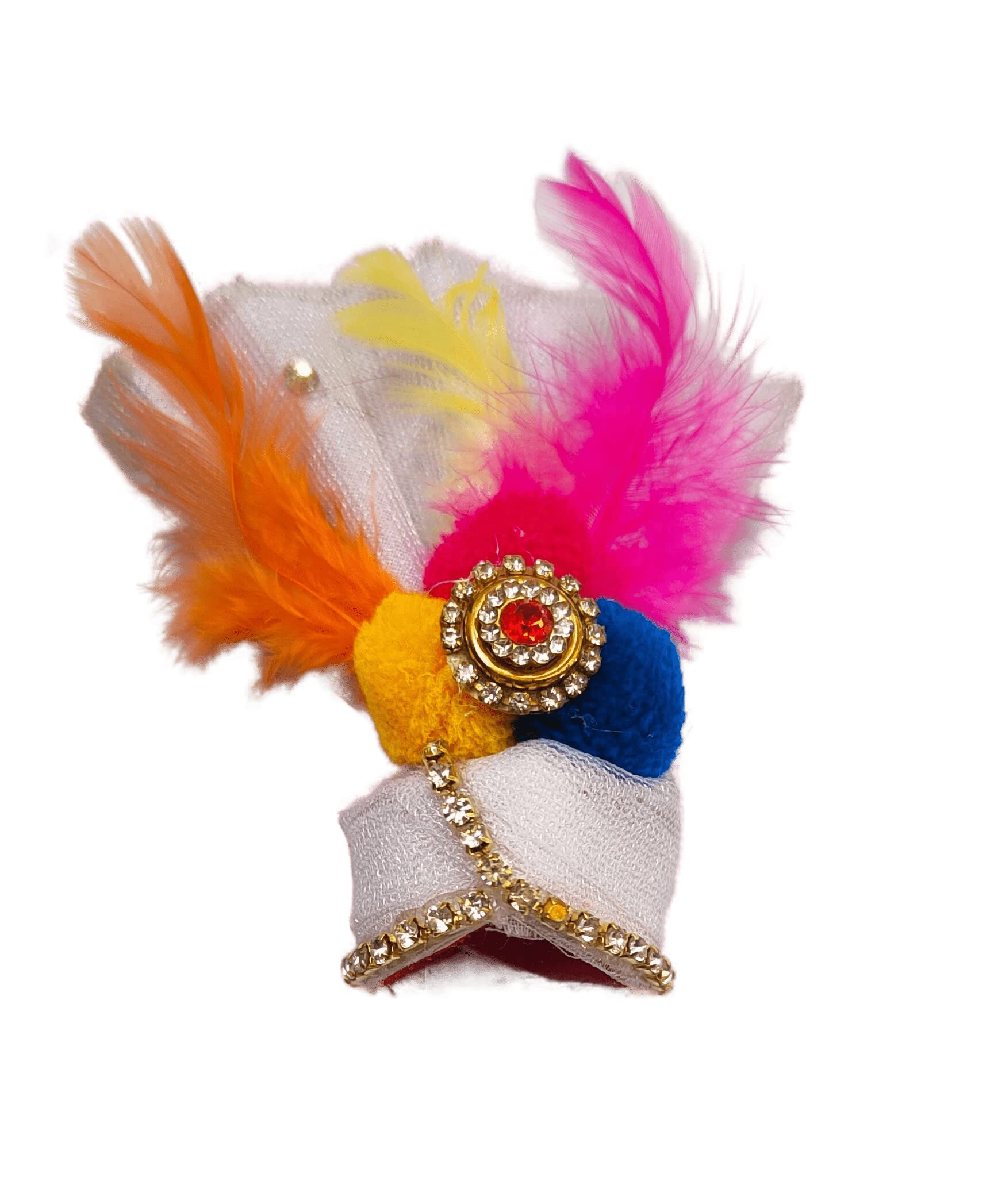 KRISHFEB Soft Fabric Laddu Gopal Net Mukut with Mor Pankh || Colorful Bal Gopal Kanha Ji/Thakur Ji Janmashtami Special Peacock Feather Turban for Your Deity (White, Size-06)