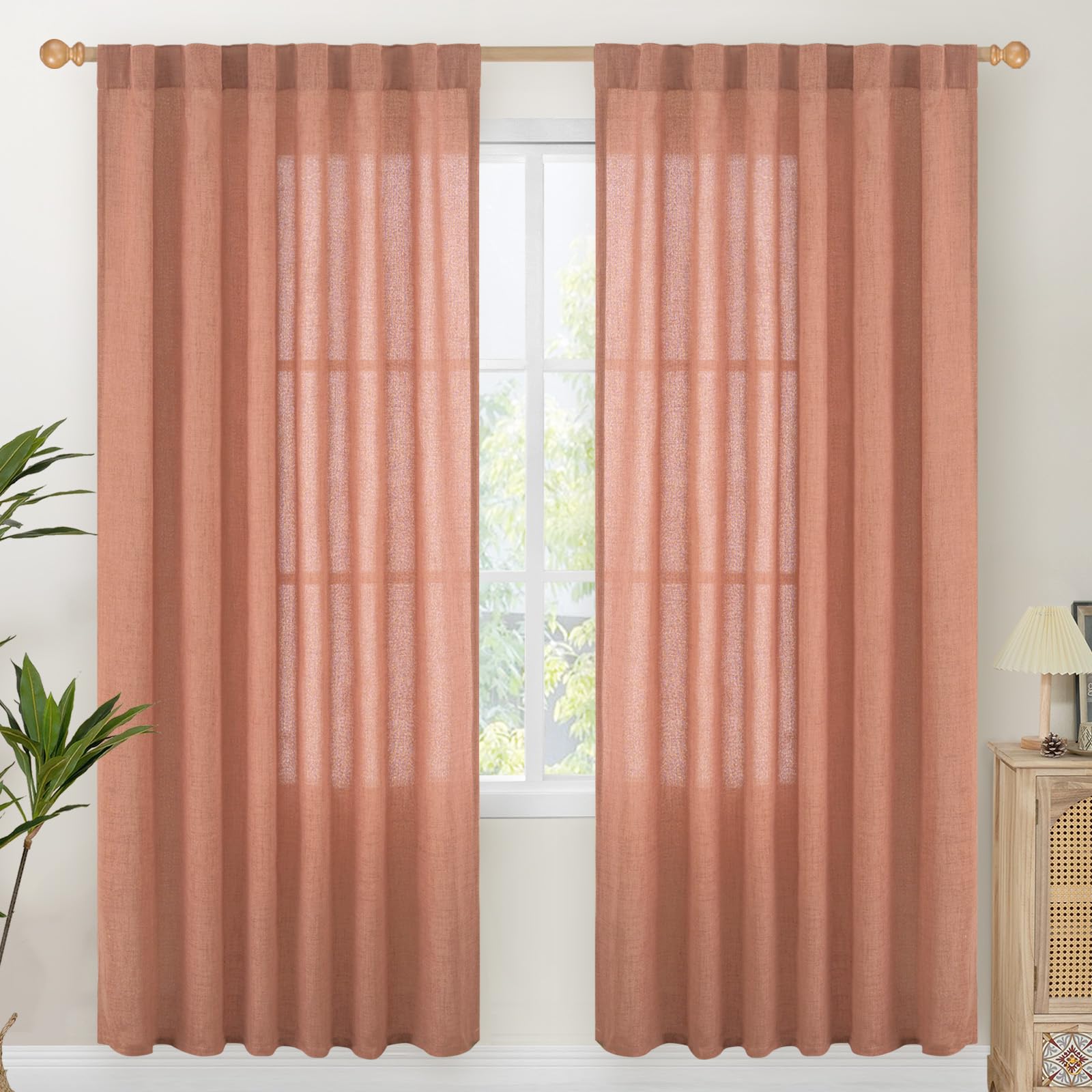 YoungsTex Terracotta Linen Curtains 78 Inch Length for Living Room, Burnt Orange Semi Sheer Drapes with Rod Pocket Back Tab Light Filtering for Bedroom Window, 2 Panels, 52 X 78 Inch