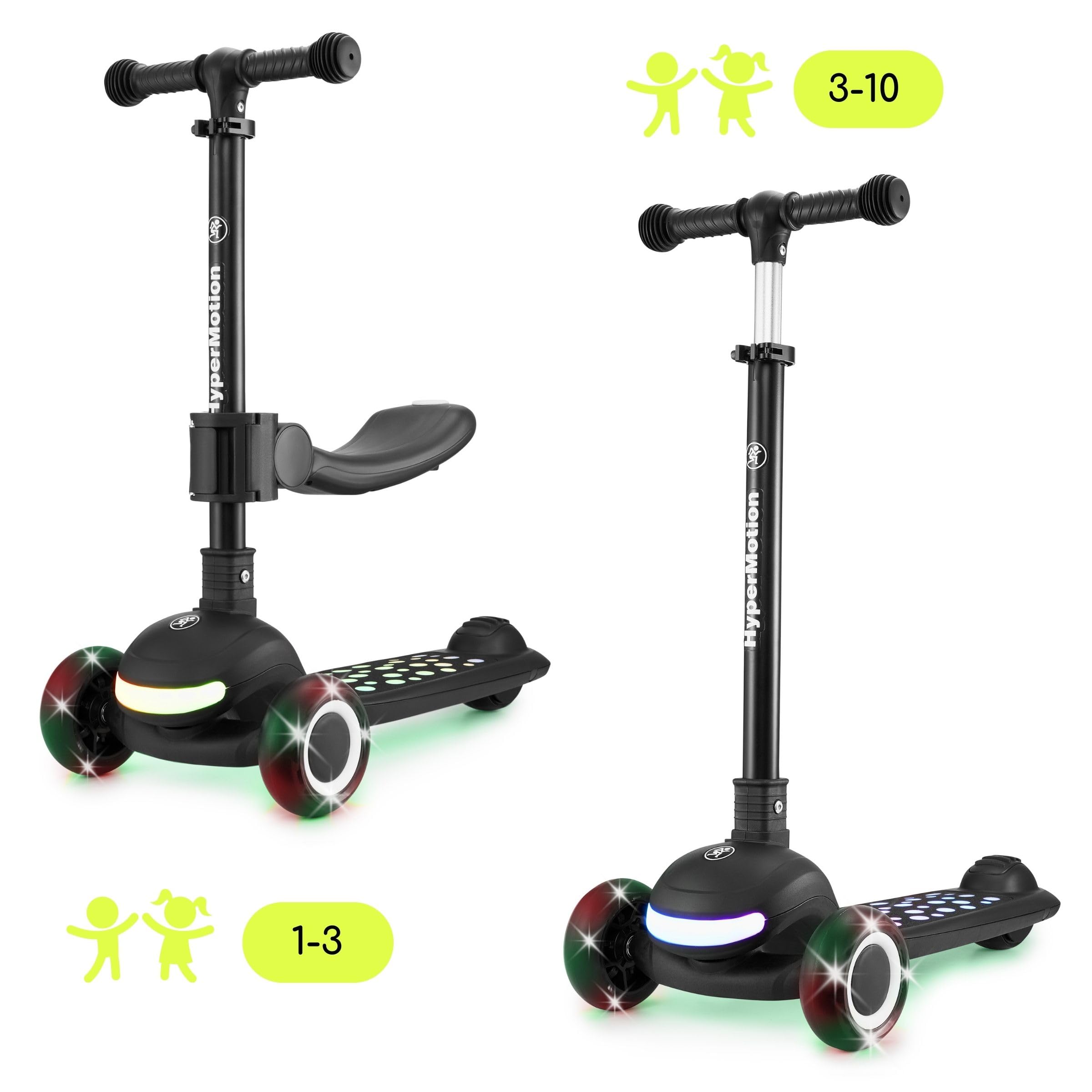 HyperMotion Patinete infantil con iluminación LED LUMI 3 en 1, asiento ajustable en altura, plegable, ruedas de poliuretano, manillar en T de hasta 50 kg, para niños a partir de 1 año