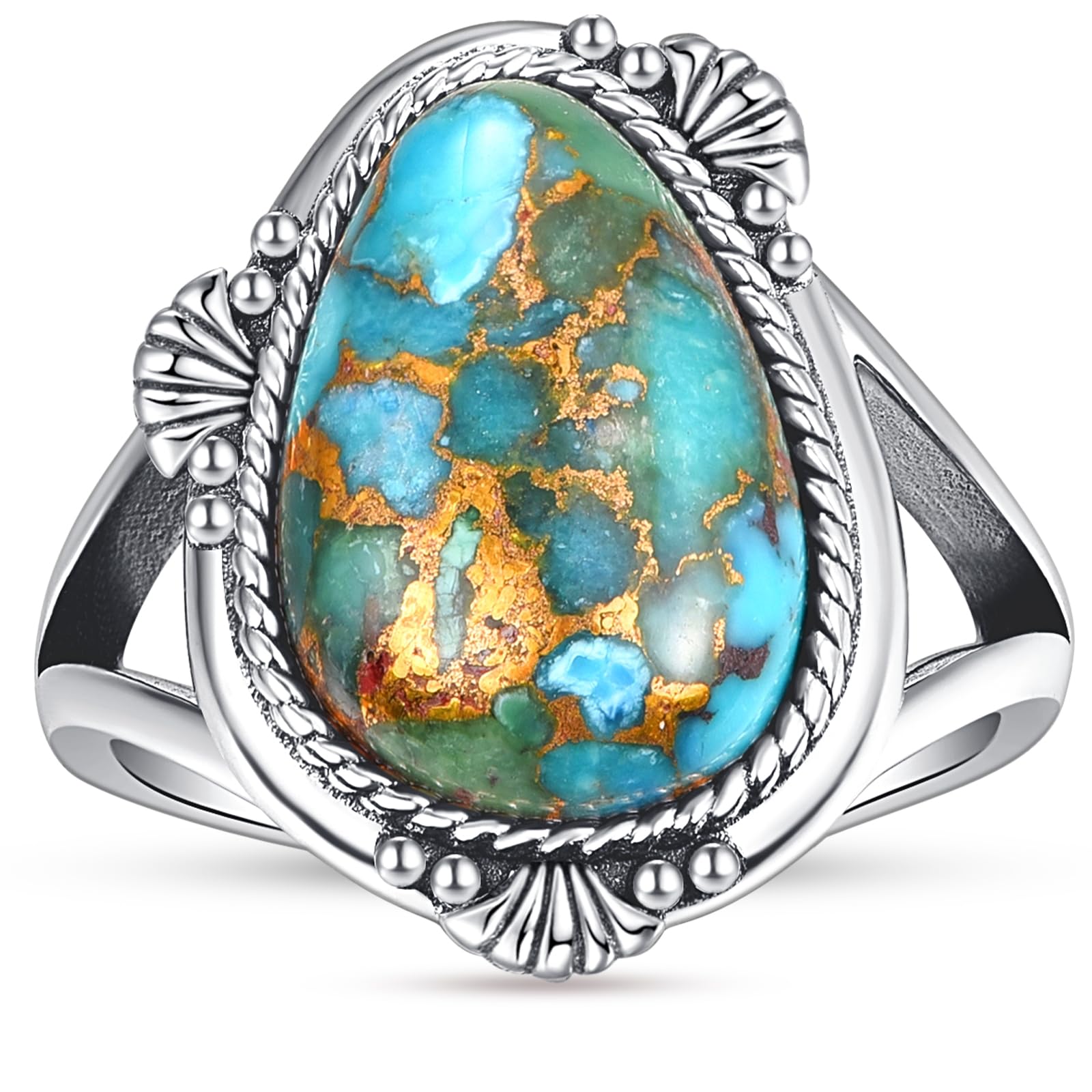 PhyonioIrregular Teal/Blue/Spiny Turquoise Open Ring for Women 925 Sterling Silver Adjustable Rings Statement Ring with Rope Edge Adjustable Size 6-9 Valentines Day Gift for Girlfriend Wife