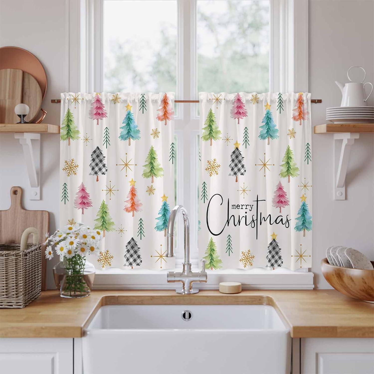 Christmas Kitchen Tier Curtains 45 Inch Long 2 Panel Set,Rod Pocket Short Window Treatment,Cartoon Colorful Xmas Tree New Year Holiday Curtains & Drapes for Bathroom Basement 27.5"W x 45"L